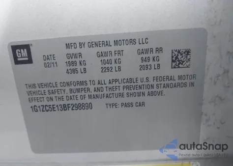 2011 Chevrolet Malibu 1Lt из США, поврежденный, VIN 1G1ZC5E13BF298890